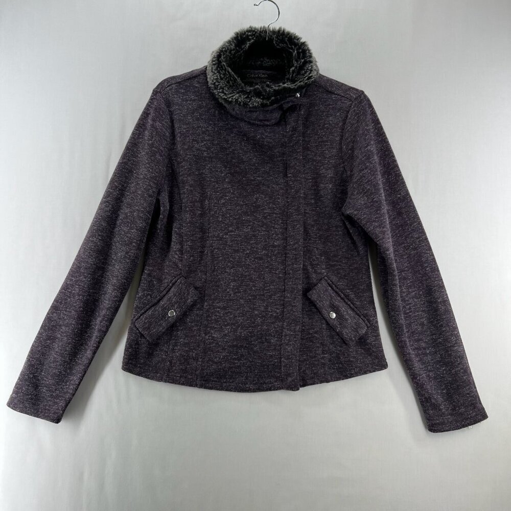 Calvin Klein Jacket Womens L Faux Fur Collar Full Zip Long Zipper Sleeve Purple